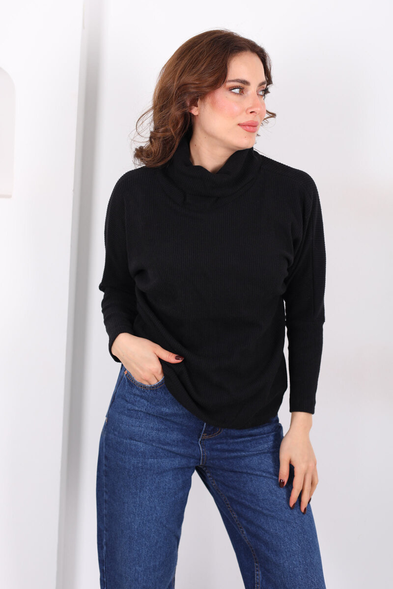 Boğazlı Yarasa Kol Siyah Kadın Triko Kazak - 1