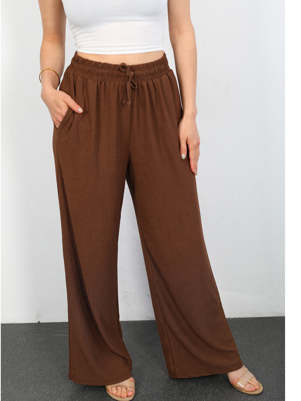 Beli Lastikli Bol Paça Acı Kahve Kadın Bürümcük Pantolon - 2