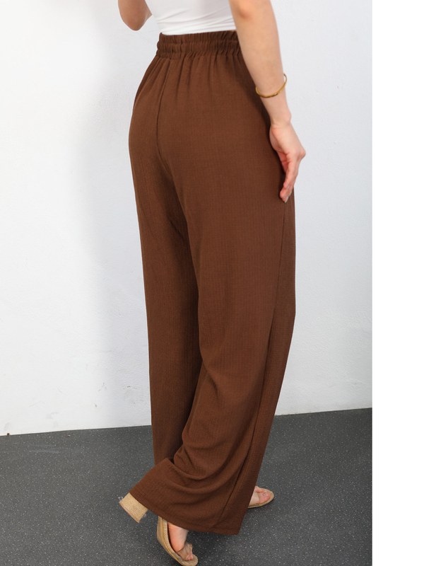 Beli Lastikli Bol Paça Acı Kahve Kadın Bürümcük Pantolon - 4