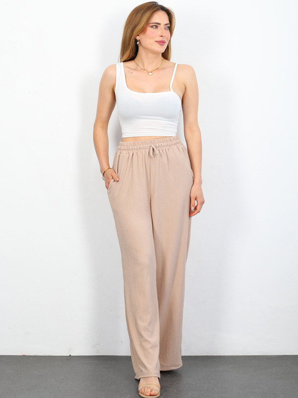 Beli Lastikli Bol Paça Bej Kadın Bürümcük Pantolon - 3