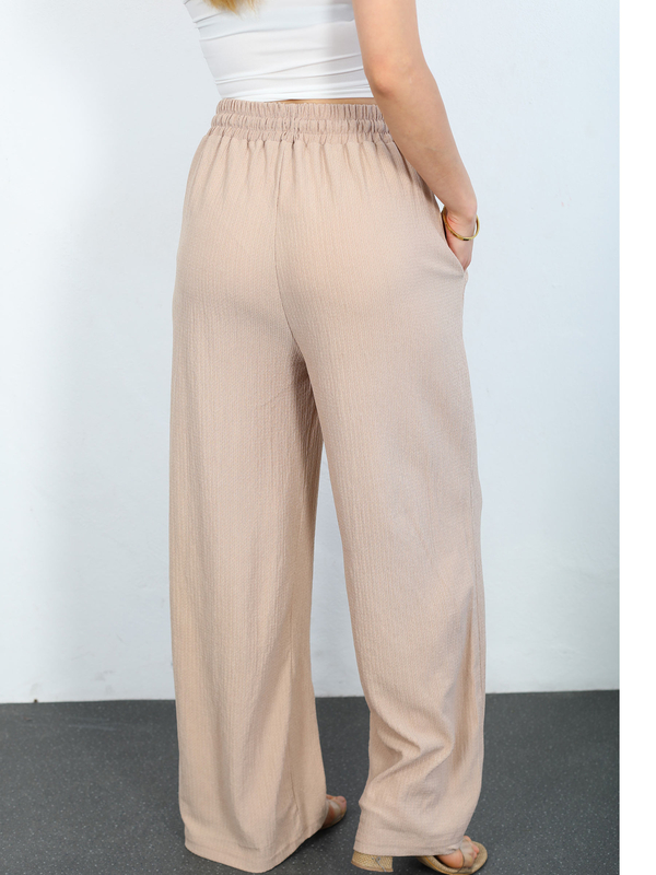 Beli Lastikli Bol Paça Bej Kadın Bürümcük Pantolon - 4