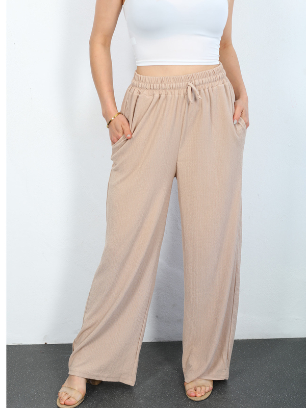 Beli Lastikli Bol Paça Bej Kadın Bürümcük Pantolon - 2