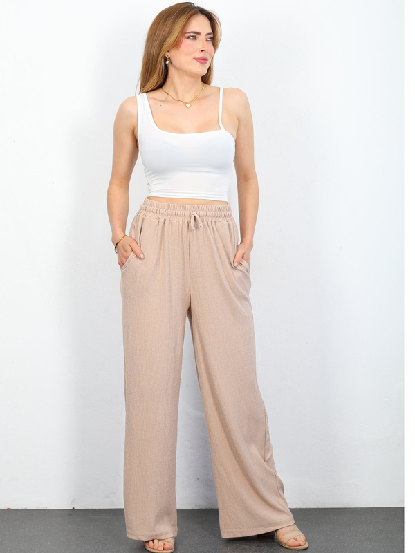 Beli Lastikli Bol Paça Bej Kadın Bürümcük Pantolon - 1