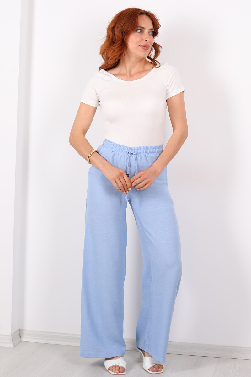 Bol Paça Beli Lastikli Bebe Mavisi Kadın Keten Pantolon - 3