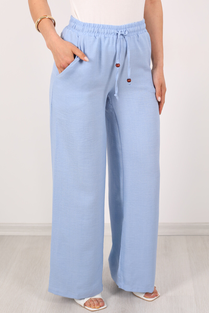 Bol Paça Beli Lastikli Bebe Mavisi Kadın Keten Pantolon - 2