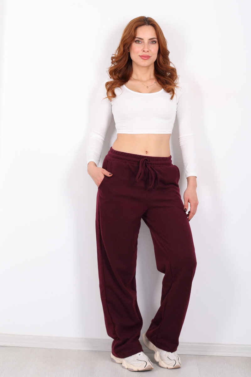 Bol Paça Beli Lastikli Bordo Kadın Pantolon - 1