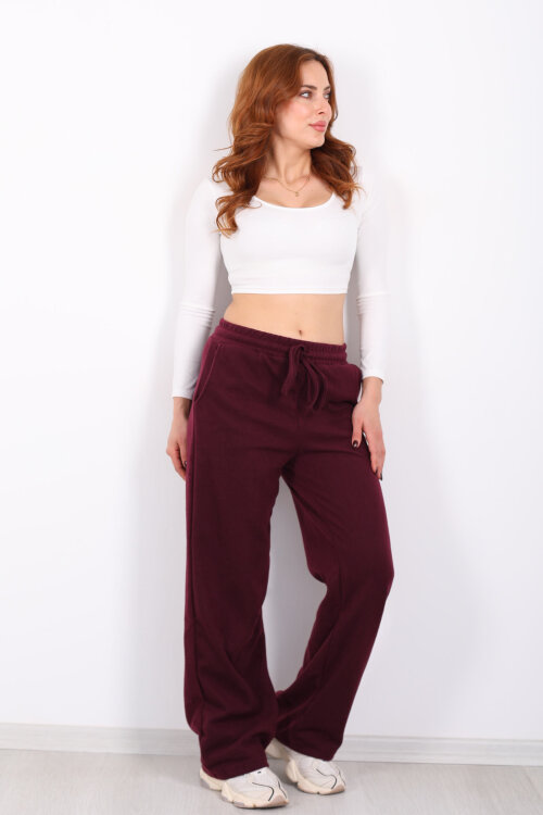 Bol Paça Beli Lastikli Bordo Kadın Pantolon - 4