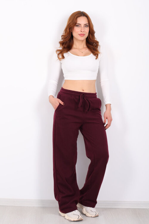 Bol Paça Beli Lastikli Bordo Kadın Pantolon - 6