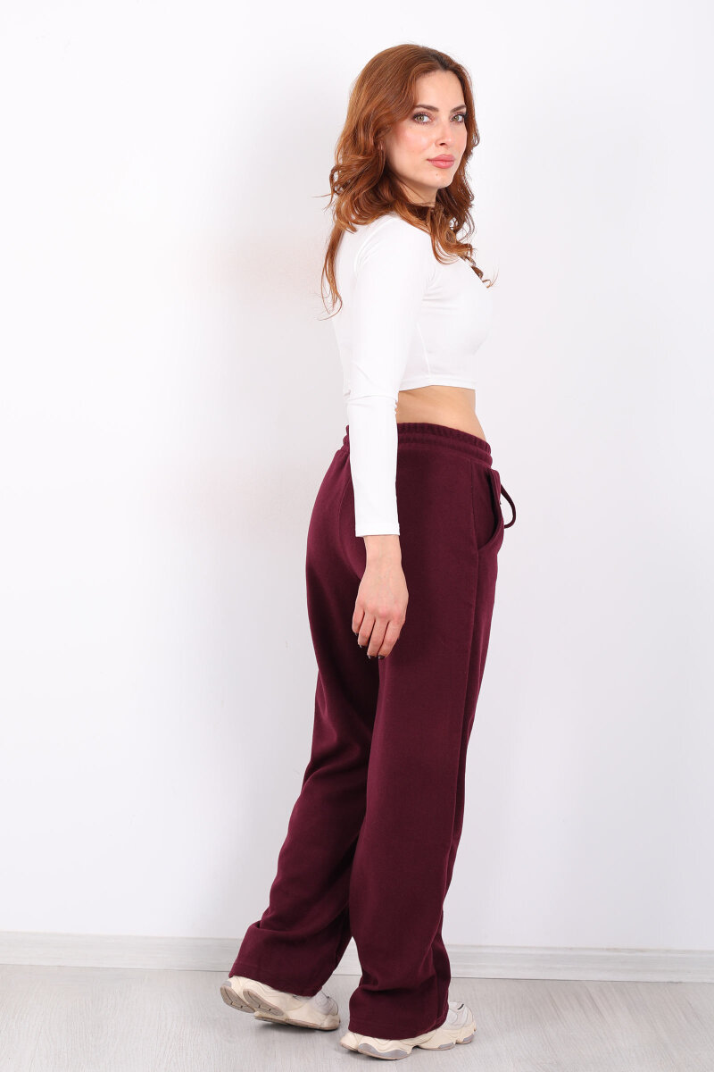 Bol Paça Beli Lastikli Bordo Kadın Pantolon - 5