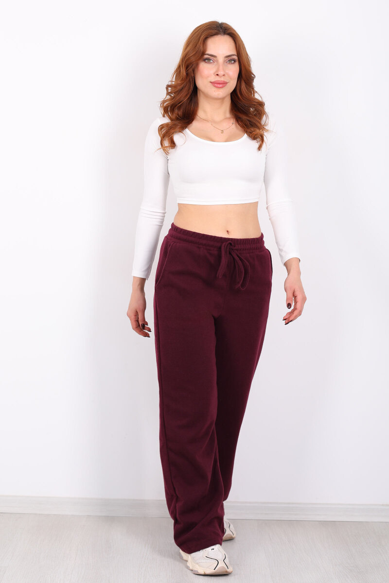Bol Paça Beli Lastikli Bordo Kadın Pantolon - 3
