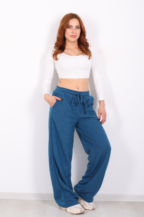 Bol Paça Beli Lastikli Marin Kadın Pantolon - 5