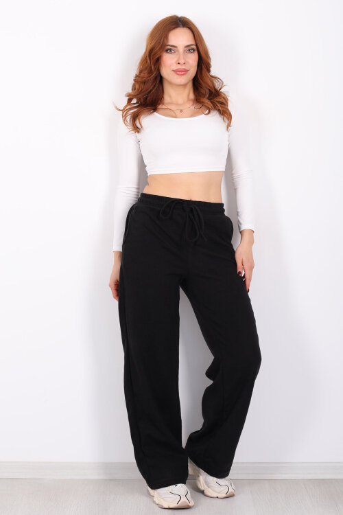 Bol Paça Beli Lastikli Siyah Kadın Pantolon - Berox
