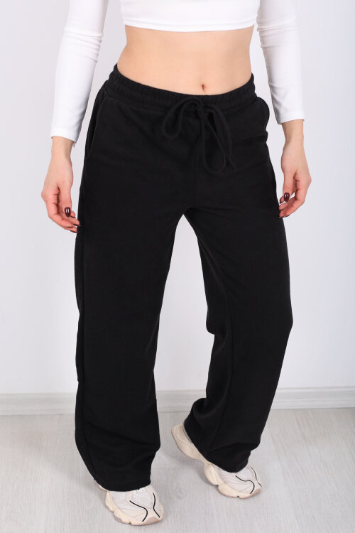 Bol Paça Beli Lastikli Siyah Kadın Pantolon - Berox (1)