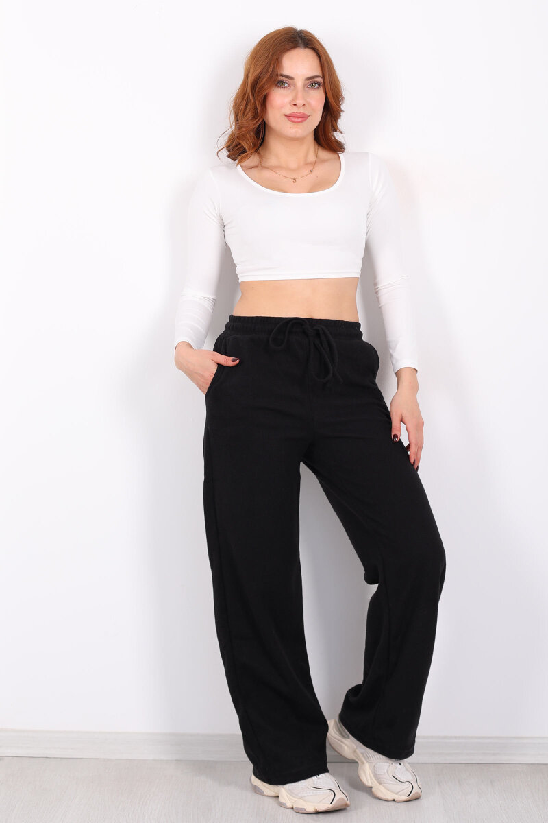 Bol Paça Beli Lastikli Siyah Kadın Pantolon - 3