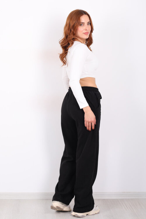 Bol Paça Beli Lastikli Siyah Kadın Pantolon - 5