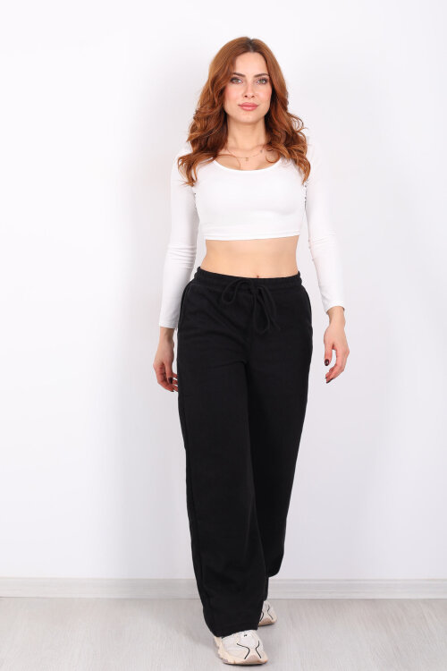 Bol Paça Beli Lastikli Siyah Kadın Pantolon - 4