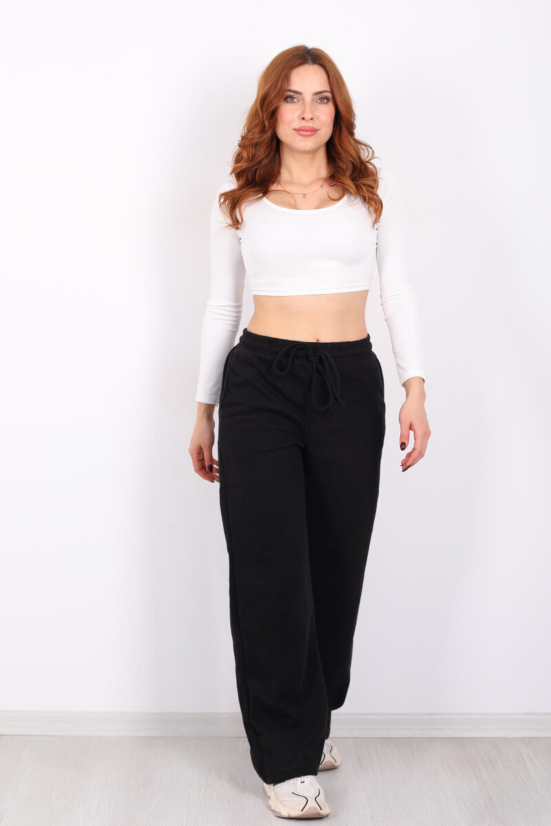 Bol Paça Beli Lastikli Siyah Kadın Pantolon - 4