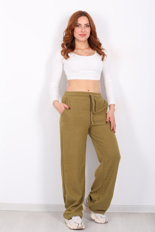 Bol Paça Beli Lastikli Yeşil Kadın Pantolon - 6