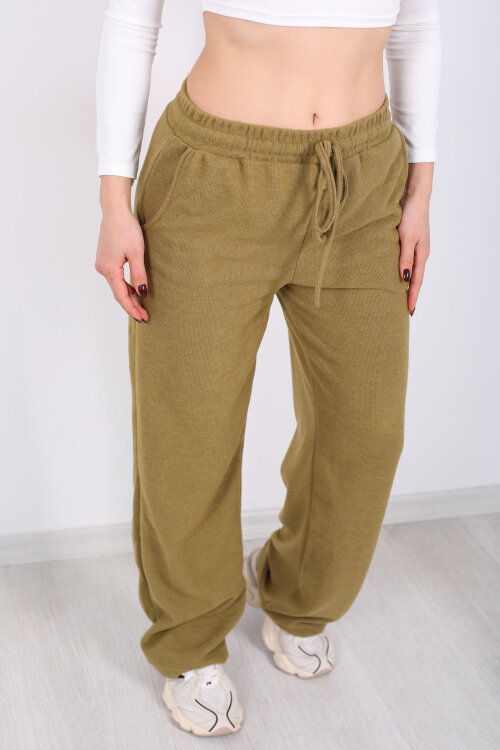 Bol Paça Beli Lastikli Yeşil Kadın Pantolon - Berox (1)