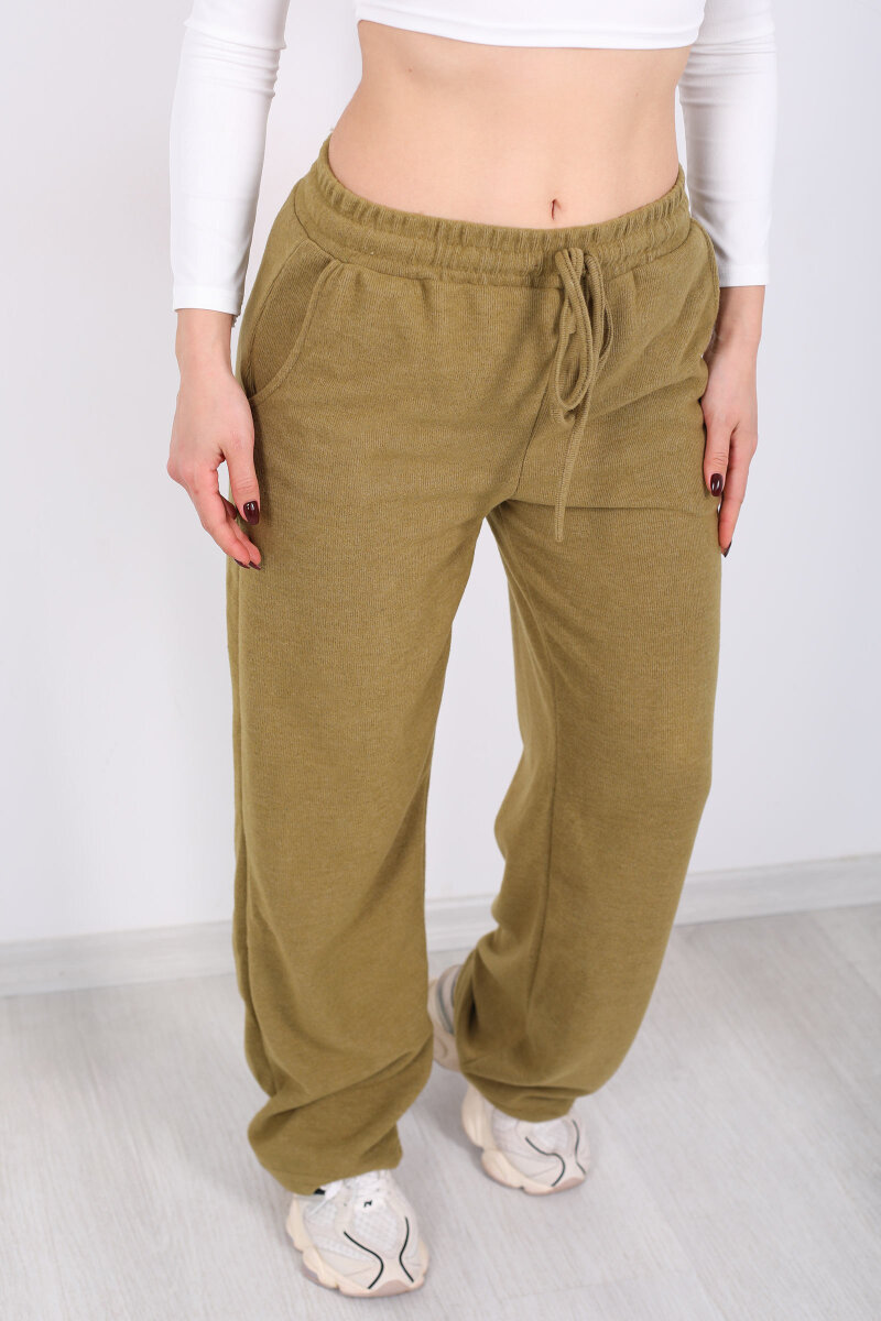 Bol Paça Beli Lastikli Yeşil Kadın Pantolon - 2