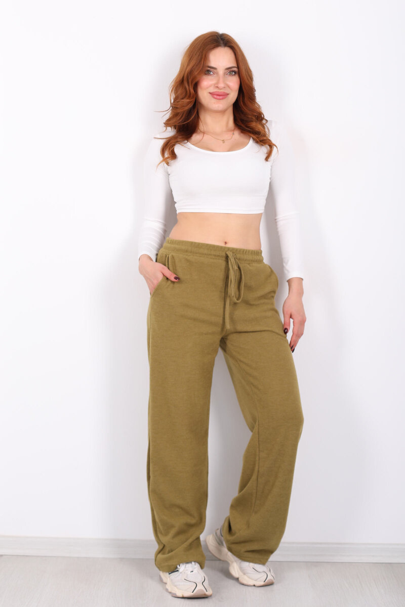 Bol Paça Beli Lastikli Yeşil Kadın Pantolon - 3