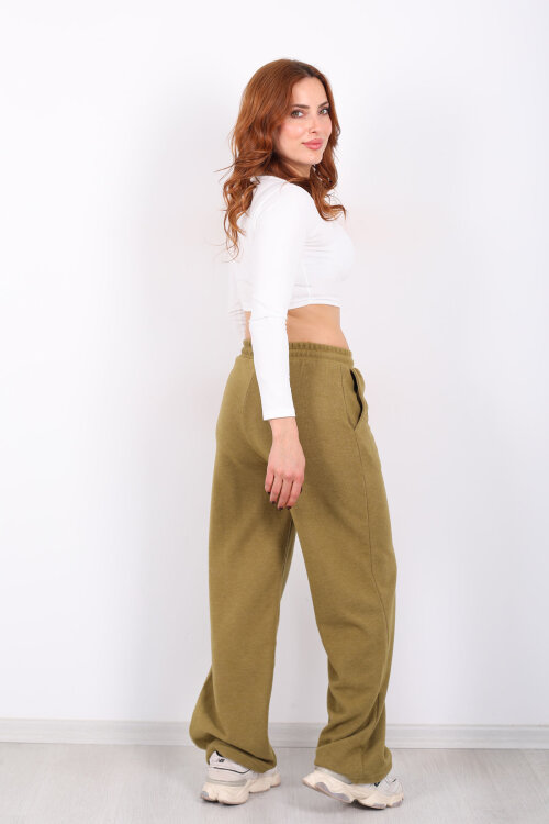 Bol Paça Beli Lastikli Yeşil Kadın Pantolon - 5