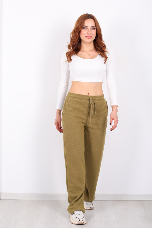 Bol Paça Beli Lastikli Yeşil Kadın Pantolon - 4