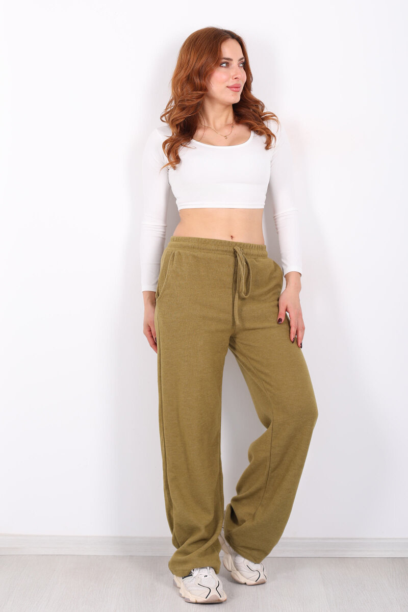 Bol Paça Beli Lastikli Yeşil Kadın Pantolon - 1