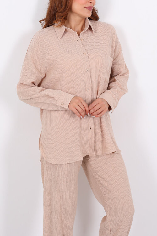 Bol Paça Bürümcük Taş Rengi Kadın Gömlek Takım - Berox (1)