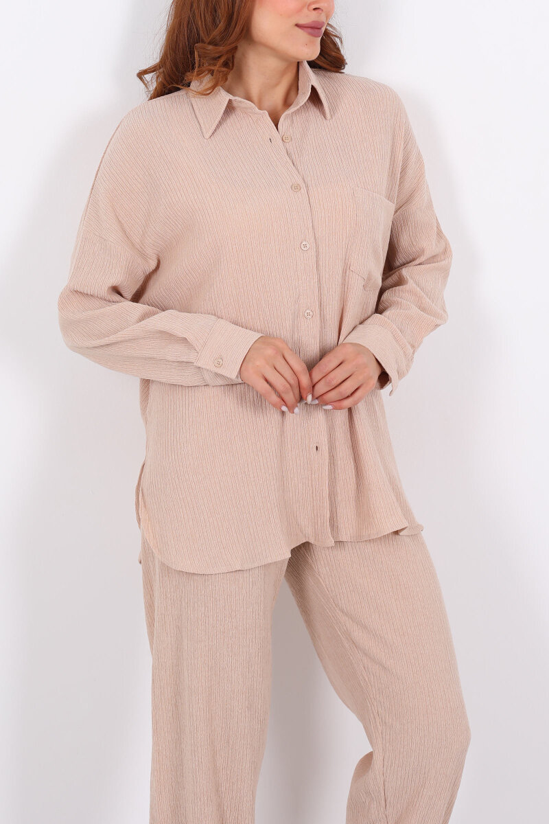 Bol Paça Bürümcük Taş Rengi Kadın Gömlek Takım - 2