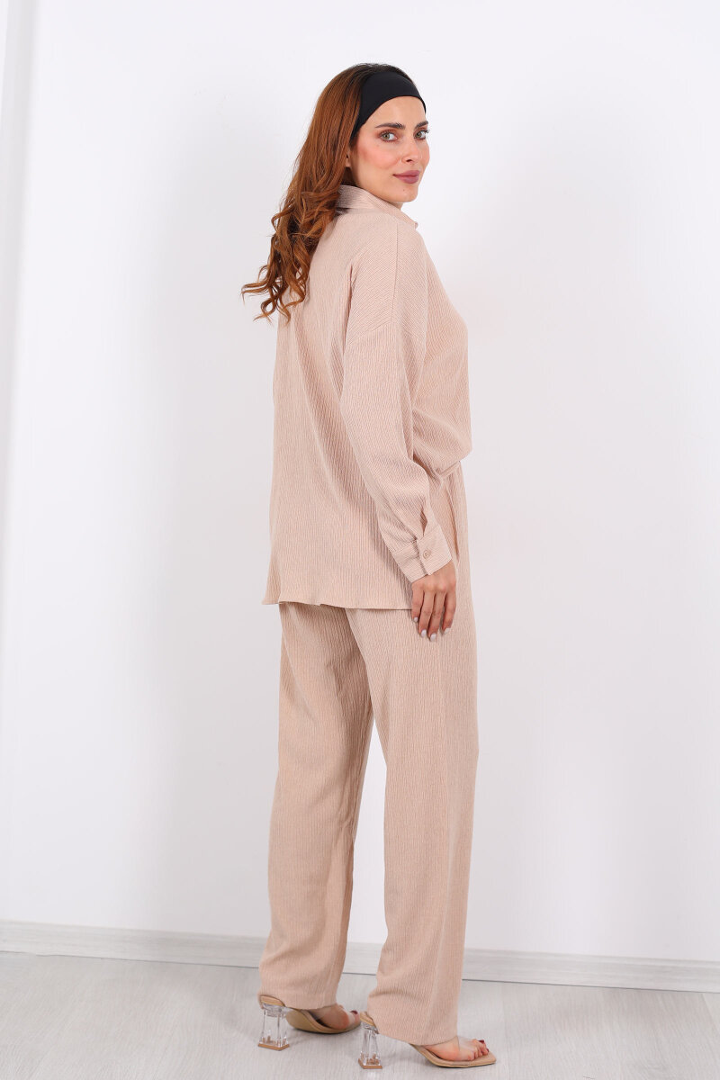 Bol Paça Bürümcük Taş Rengi Kadın Gömlek Takım - 5