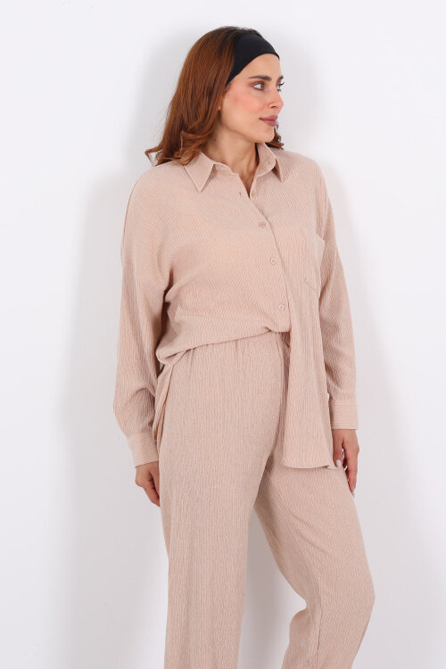 Bol Paça Bürümcük Taş Rengi Kadın Gömlek Takım - 3