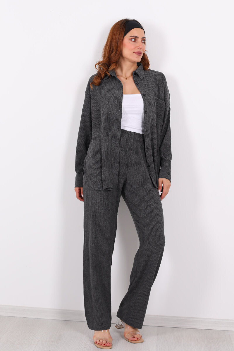 Bol Paça Bürümcük Antrasit Kadın Gömlek Takım - 3