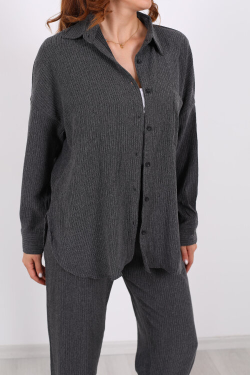 Bol Paça Bürümcük Antrasit Kadın Gömlek Takım - Berox (1)