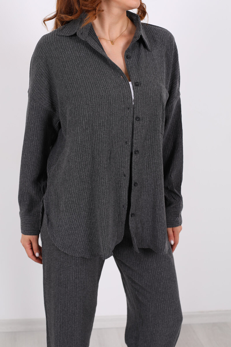 Bol Paça Bürümcük Antrasit Kadın Gömlek Takım - 2