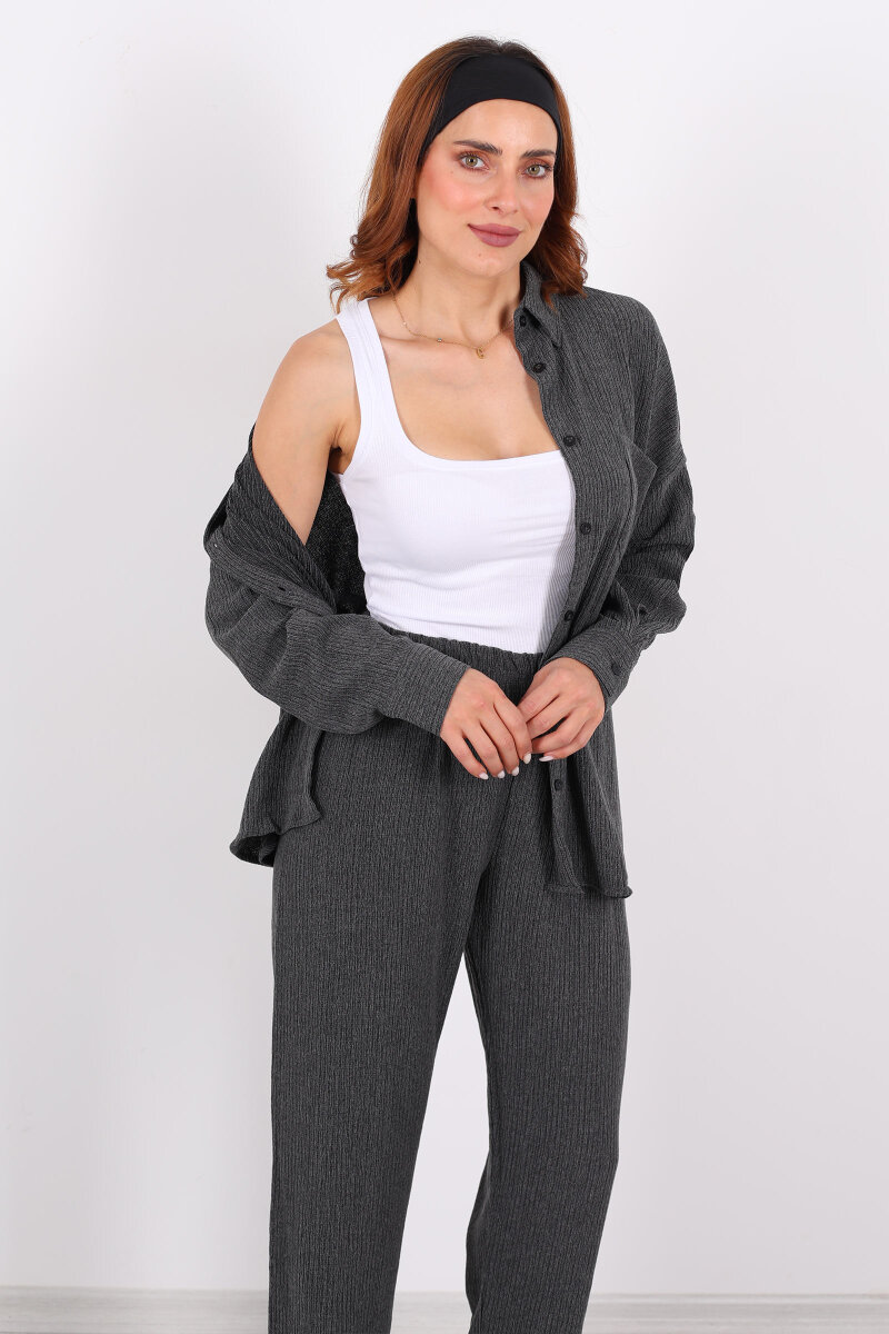Bol Paça Bürümcük Antrasit Kadın Gömlek Takım - 4