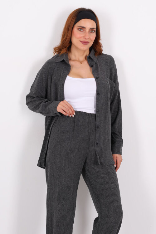 Bol Paça Bürümcük Antrasit Kadın Gömlek Takım - Berox