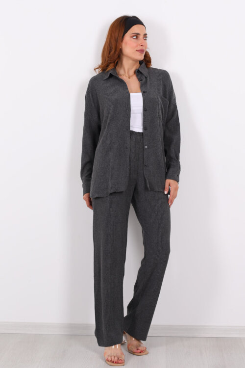 Bol Paça Bürümcük Antrasit Kadın Gömlek Takım - 7