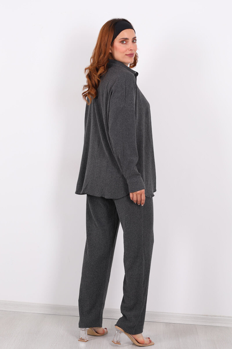 Bol Paça Bürümcük Antrasit Kadın Gömlek Takım - 5
