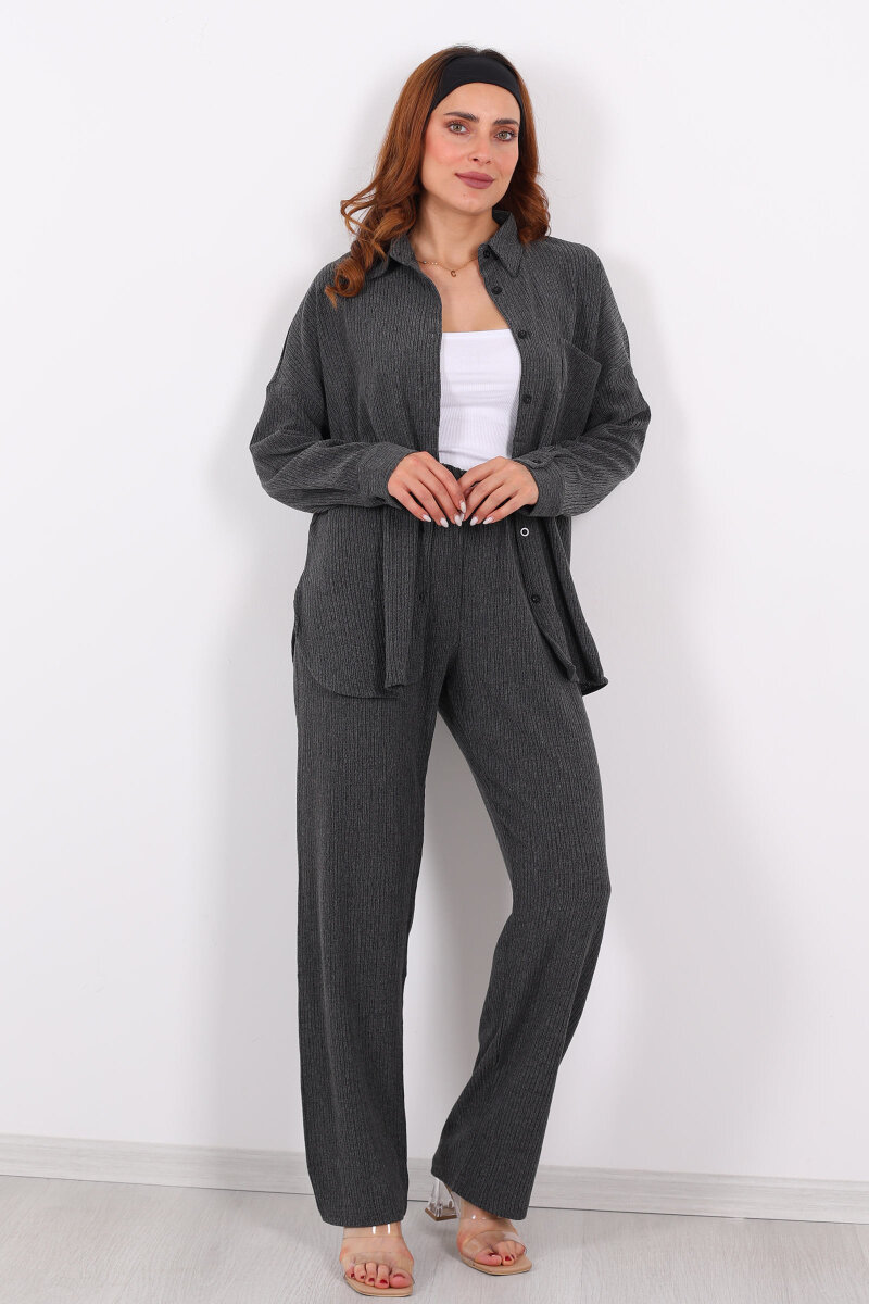 Bol Paça Bürümcük Antrasit Kadın Gömlek Takım - 6