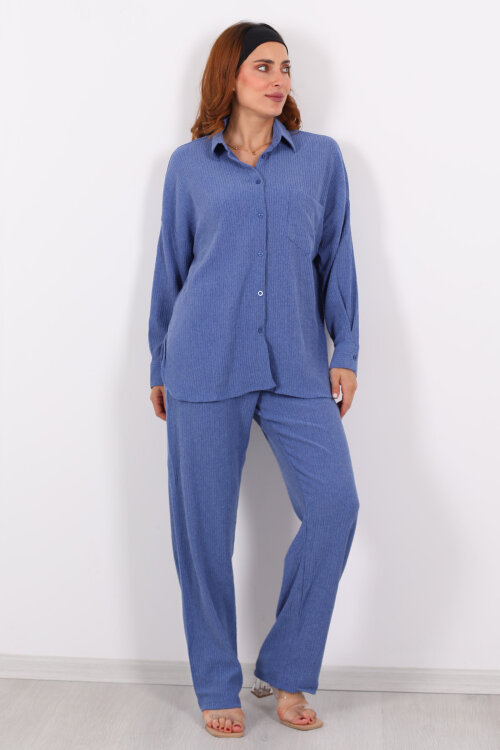 Bol Paça Bürümcük İndigo Kadın Gömlek Takım - 4