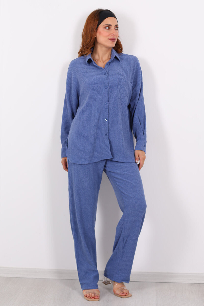 Bol Paça Bürümcük İndigo Kadın Gömlek Takım - 4