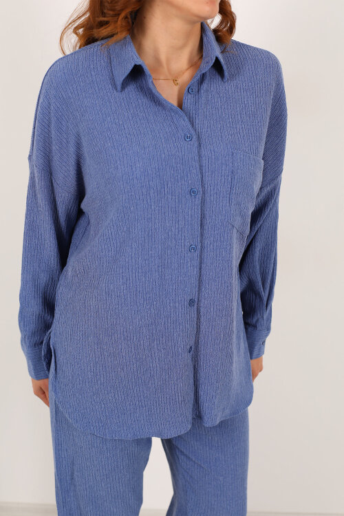 Bol Paça Bürümcük İndigo Kadın Gömlek Takım - Berox (1)