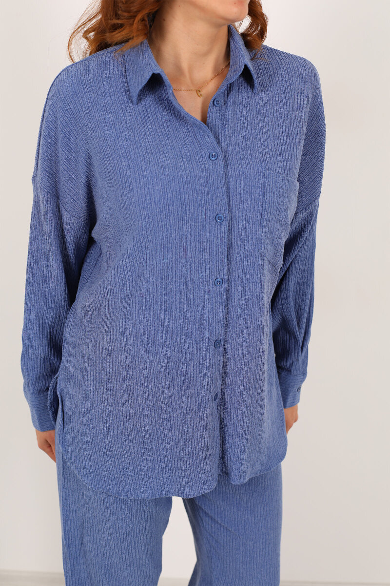 Bol Paça Bürümcük İndigo Kadın Gömlek Takım - 2
