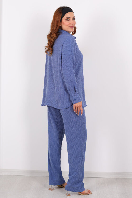 Bol Paça Bürümcük İndigo Kadın Gömlek Takım - 5