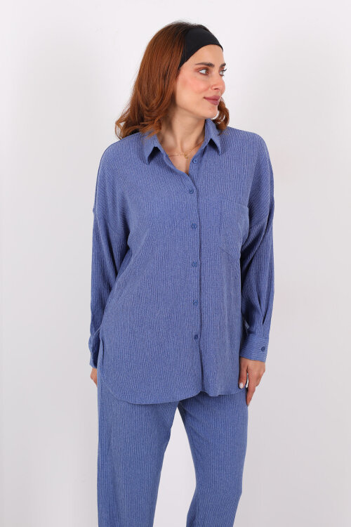 Bol Paça Bürümcük İndigo Kadın Gömlek Takım - 6