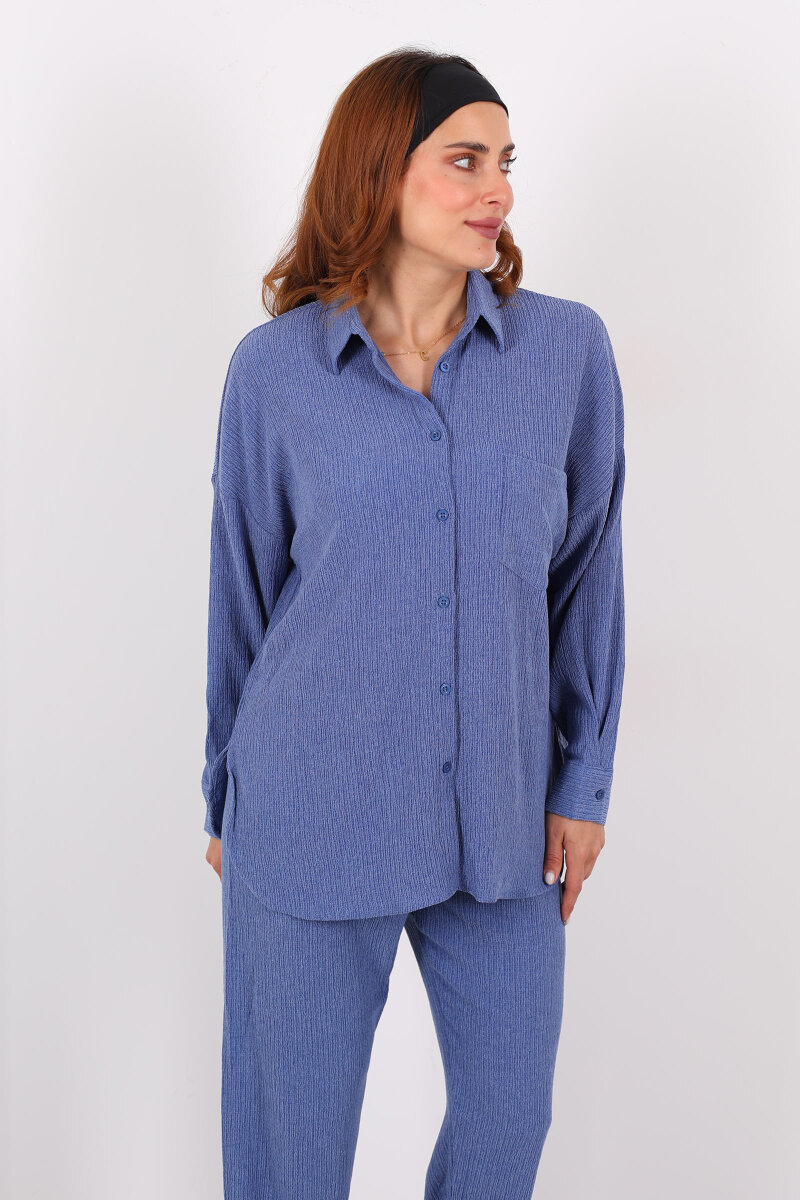 Bol Paça Bürümcük İndigo Kadın Gömlek Takım - 6