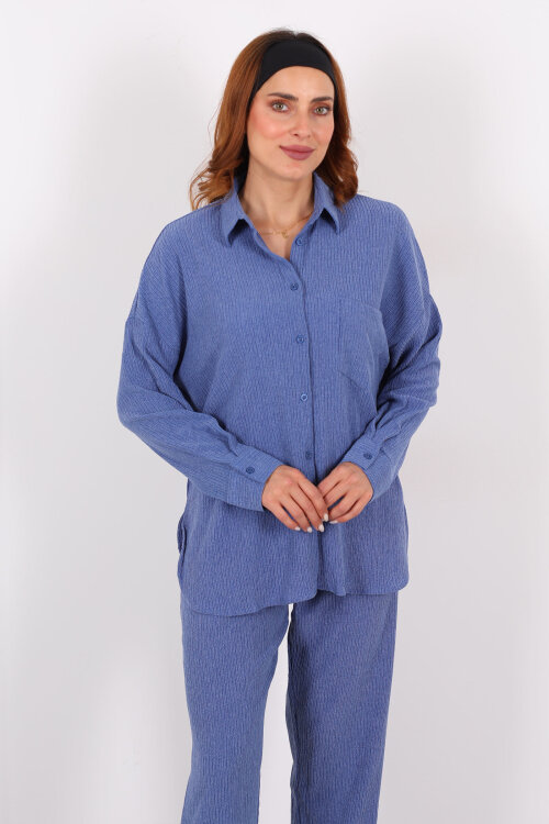 Bol Paça Bürümcük İndigo Kadın Gömlek Takım - Berox