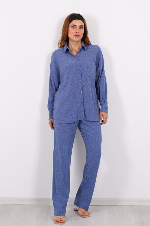 Bol Paça Bürümcük İndigo Kadın Gömlek Takım - 7