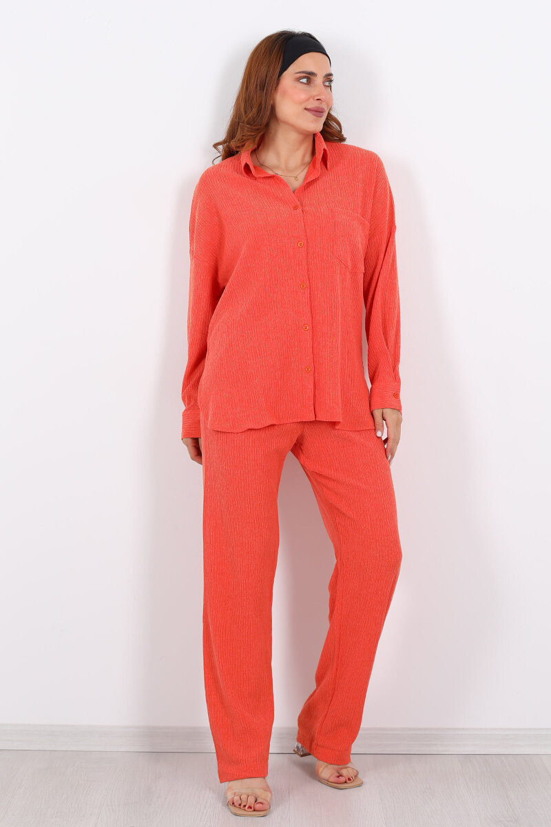 Bol Paça Bürümcük Turuncu Kadın Gömlek Takım - 3